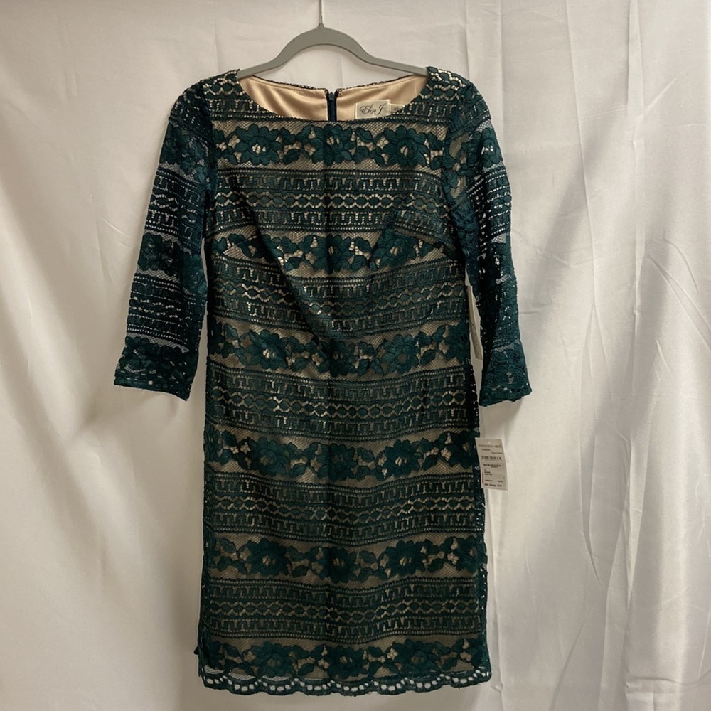 Eliza J Lace 3/4 Sleeve Boat Neck Sheath Cocktail Dress Emerald Green Size 4 NWT